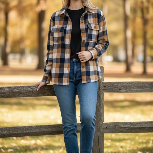 Old Navy Other - Old Navy Blue and Tan Checkered Flannel Jacket Shirt Sz 16 Youth